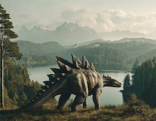 Fototapeta premium Kentrosaurus walking through ancient landscape with lakes forests and mountains