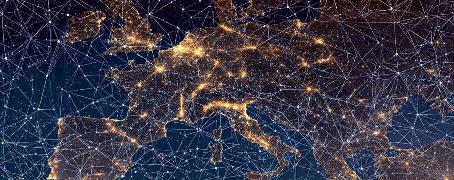 A digital representation of Europe at night, showcasing interconnected nodes and illuminated cities, symbolizing technology and connectivity. - Powered by Adobe
