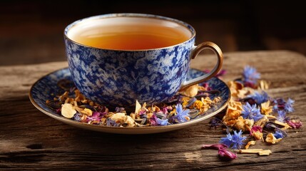 Close-up of Herbal Tea in Blue Floral Cup Surrounded by Colorful Dried Flowers on Wooden Surface for Tranquil Beverage Concept