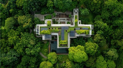 Aerial view of a modern building integrated with lush greenery, showcasing a blend of architecture and nature amidst a dense forest.