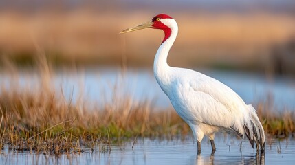 Fototapeta premium Siberian crane standing gracefully in a wetland environment, showcasing its striking white feathers and red crown against a serene natural backdrop during golden hour