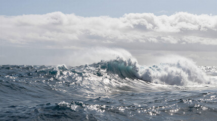 Cinematic Water World: Vast Ocean with Towering Waves Beneath a Cloud-Wrapped Sky