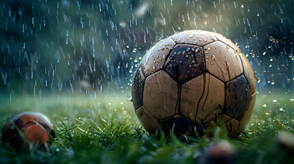 Vintage soccer ball in dramatic rainy scene on grass for sports theme
