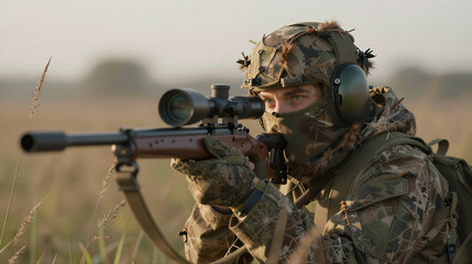 Fototapeta premium Cinematic shot of a sniper in a ghillie suit hidden in tall grass at dawn, eyes peeking over a scoped rifle.