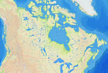 Map of Canada showing the region with relief representation, rivers, lakes, administrative boundaries and undersea relief. No labels at all. © TipTopMap