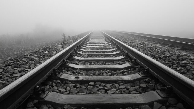 A dynamic commercial-ready capture monochrome balance in the fog: a railroad  against a gray landscape. to the horizon
