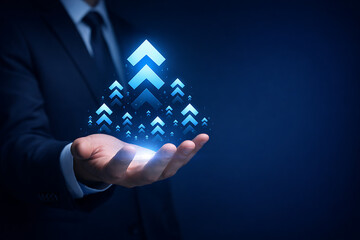 Multiple rising blue arrows teamwork concept on hand showing collective business growth rapid expansion and aggressive market strategy for corporate dominance