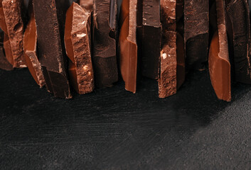 Chocolate pieces arranged in row on dark background with copy space