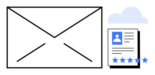 Envelope representing email, cloud for storage, and document with user profile and ratings. Ideal for email marketing, CV sharing, cloud storage, communication, digital identity, online reviews