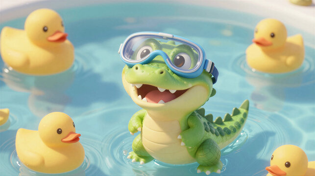 Cute baby crocodile wearing swimming goggles floating in a pool with rubber ducks
