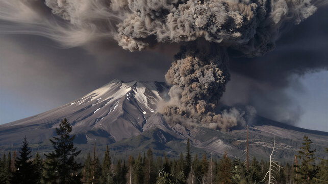 Cinematic wide shot of Mount St. Helens eruption (1980): lateral blast tears the flank as a colossal ash cloud roars over the forest