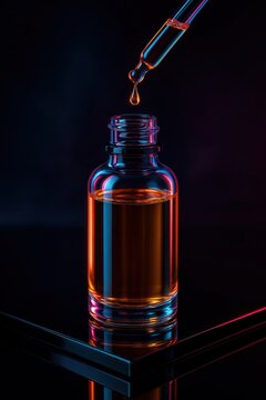 Glass skincare serum bottles on glowing neon background, modern beauty product photography, futuristic cosmetic concept lighting