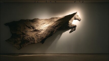 A large sculpture of a horse's head mounted on a wall in a dimly lit room