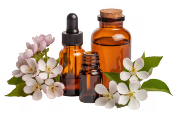 Essential oil bottles and flowers on black white green isolated on a transparent background