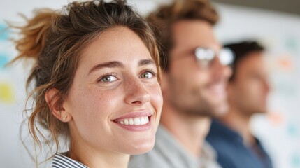Young professional woman with curly hair smiles confidently while standing with colleagues in a modern office setting, engaged in a group project discussion with vibrant background elements