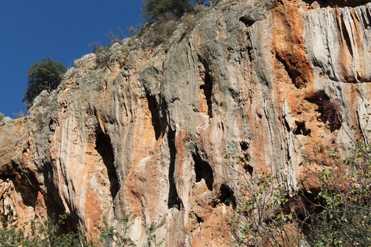 Rock climbing crag area in Geyikbayiri, Turkey. Rock climbing spot near Antalya. Geyikbayiri rockclimbing area crag in Turkey. Tuffa rock walls and caves spectacular view landscape Spectacular Cave