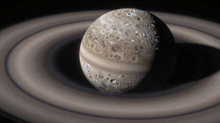 Close-up of a ring-shepherd moon in the middle of a planetary ring, carving a gap and exposing a heavily cratered, icy surface sculpted by gravity