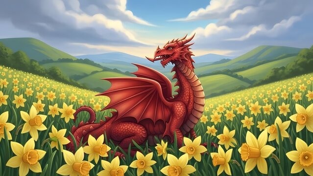 St david's day dragon in daffodil field wales