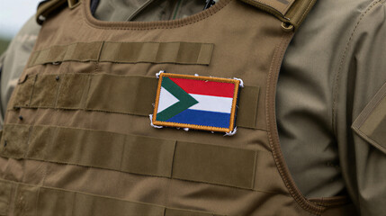 Close-up of a tan tactical vest with MOLLE pouches and a frayed hand-painted flag patch featuring red, white, blue stripes