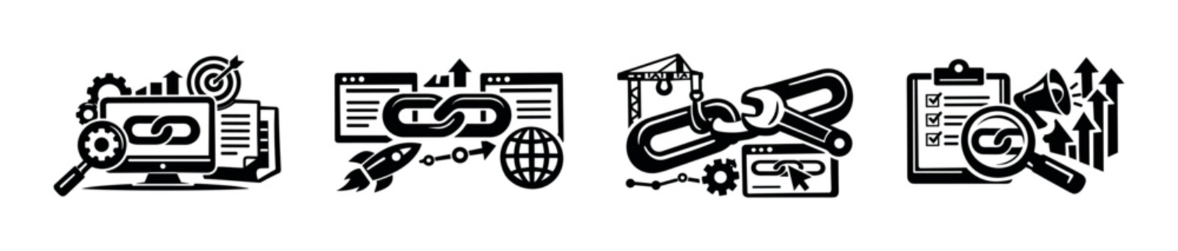 Seo optimization and backlink strategy vector icons set: digital tools and analysis