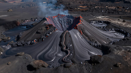 A moonlit landscape of glass-volcanoes: obsidian lava flows forming smooth black rivers and jagged red-hot peaks