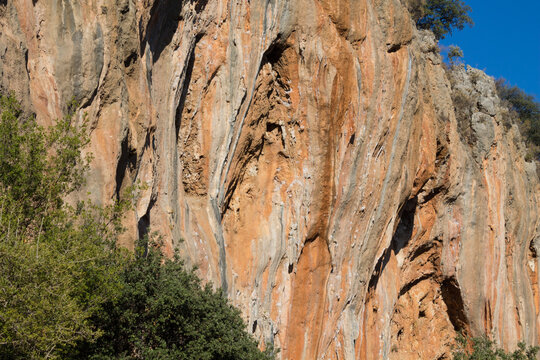Rock climbing crag area in Geyikbayiri, Turkey. Rock climbing spot near Antalya. Geyikbayiri rockclimbing area crag in Turkey. Tuffa rock walls and caves spectacular view landscape Spectacular Cave