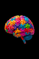  brain constructed from puzzle pieces, symbolizing neurodiversity, autism awareness, and cognitive uniqueness.  3D style makes this image suitable for digital campaigns, presentations, healt
