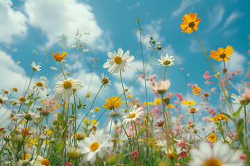Summer meadow with blooming wildflowers under a blue sky