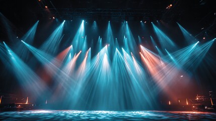 A dark stage illuminated by multiple blue and orange spotlights shining down from above