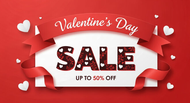 Valentine's Day sale banner template with red ribbons, white hearts, and a 'up to 50% off' message. Valentine's Day sale promotional banner vector illustration featuring 3D text and heart shapes.
