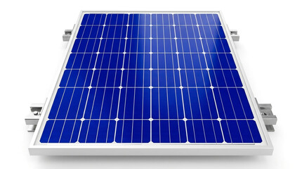 A rectangular solar panel with a grid pattern of blue cells. The panel is mounted on a white frame, and there are two brackets on its sides