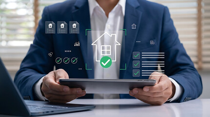 Businessman using tablet with virtual house interface featuring check marks and documents symbolizing real estate property verification and smart home mortgage approval process