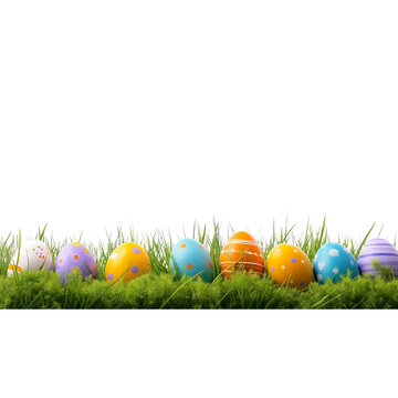 Colorful Easter eggs nestled in green grass Keywords: Easter eggs, colorful, spring, holiday isolated on a transparent background