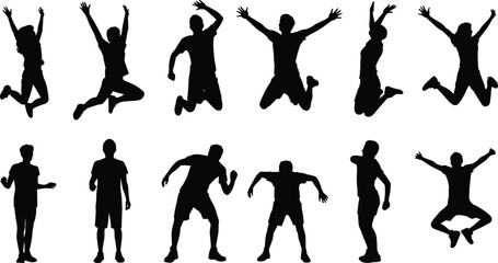 Jumping people silhouette set, happy active men celebrating freedom, energetic body motion poses, success joy concept, isolated black human figures illustration collection