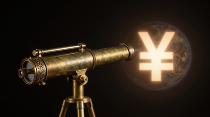 A brass telescope on an ornate tripod aims at a glowing Yen planet, symbolizing a far-sighted investor's vision