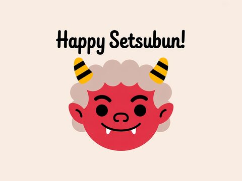 A cartoon illustration of a red demon face with a happy expression for setsubun celebration