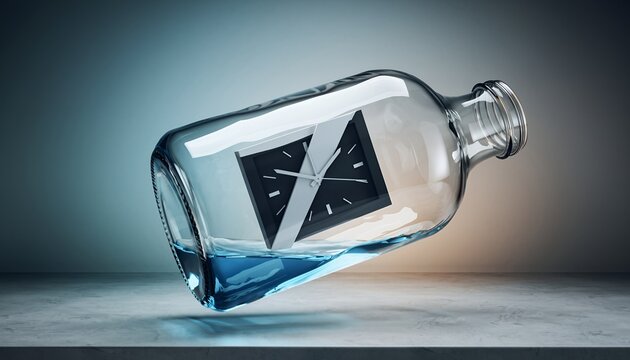 Modern square clock floating inside glass bottle with blue liquid on concrete background