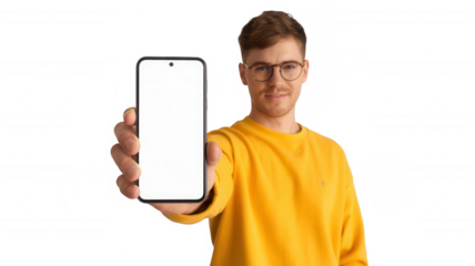 Young Man In Yellow Sweatshirt Smartphone With Blank Screen For Mobile Advertising And Technology Concept On Transparent Background