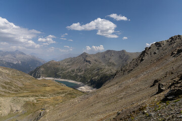 Obraz premium Panoramic alpine view from Col des Marches overlooking the Maurienne Valley near Valmeinier in the French Alps.