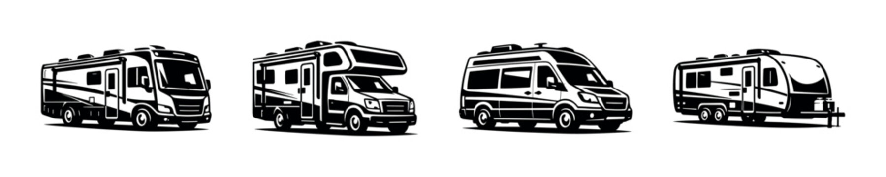 Rv and camper van vector icons set. motorhome, caravan, recreational vehicle symbols.