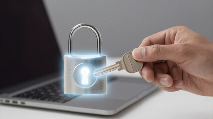 Hand with Silver Key Unlocking a Glowing Digital Padlock, Symbolizing Encryption and Online Banking Security