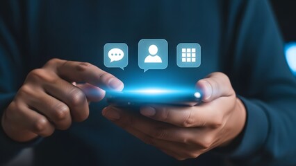 A person holding a smartphone with glowing icons floating above the screen