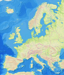 Map of Europe showing the region with relief representation, rivers, lakes, administrative boundaries and undersea relief. No labels at all. © TipTopMap