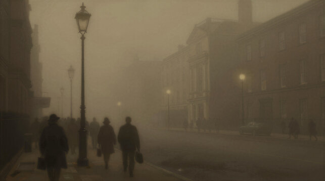 London in the Great Smog (1952): silhouettes and dim streetlamps in a yellow sepia haze