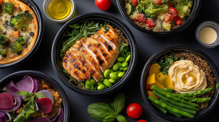Delicious healthy meal prep, bowls grilled chicken quinoa, edamame assorted vegetables pizza, hummus nutritious variety, food preparation display, with copy space