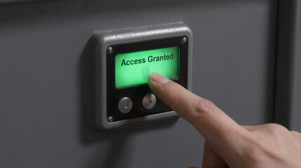 Macro shot of a thumb pressing a fingerprint scanner on a metal safe, illuminated by a green Access Granted display in a dark setting