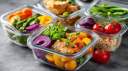 Organized meal prep flat lay, vibrant clean eating ingredients, balanced portions lean protein, veggies grains bright lighting, nutritious food display, with copy space