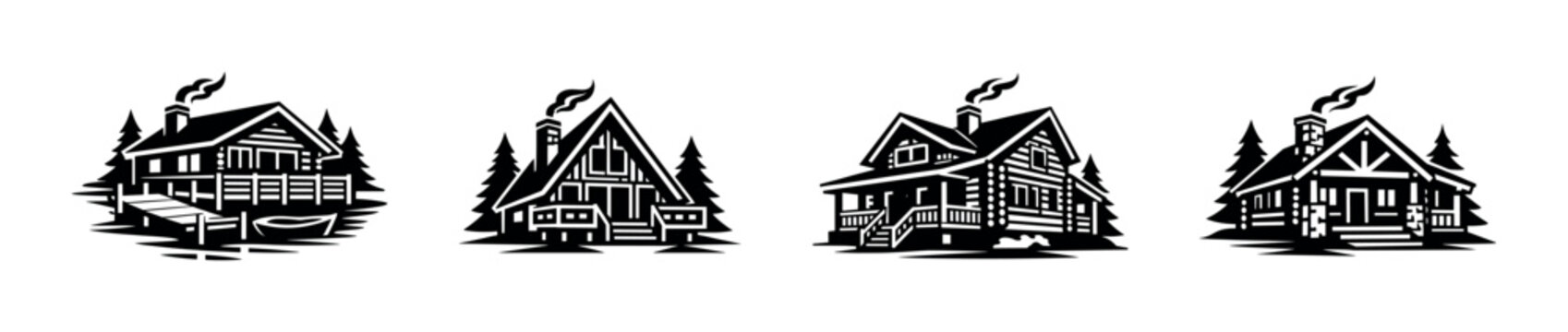 Cabin and cottage vector icons set: rustic, lodge, log cabin, chalet silhouettes