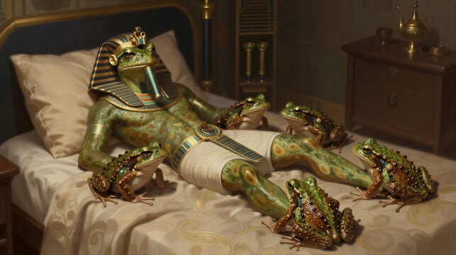 Pharaohs Bedchamber Overrun by a Divine Plague of Vibrant Green Frogs