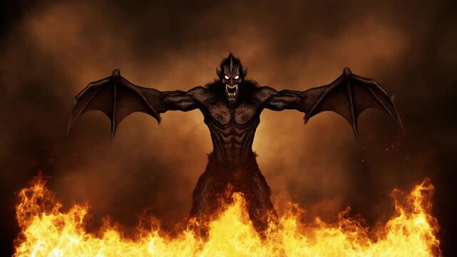 Scary muscular demon rising and spread arms, mp4 video. AI